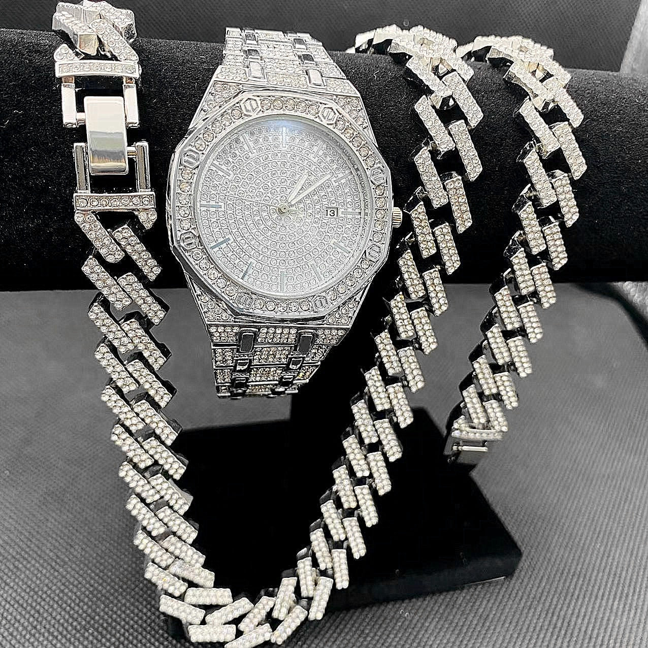 Lux Watch Necklace Bracelet Ser for Men